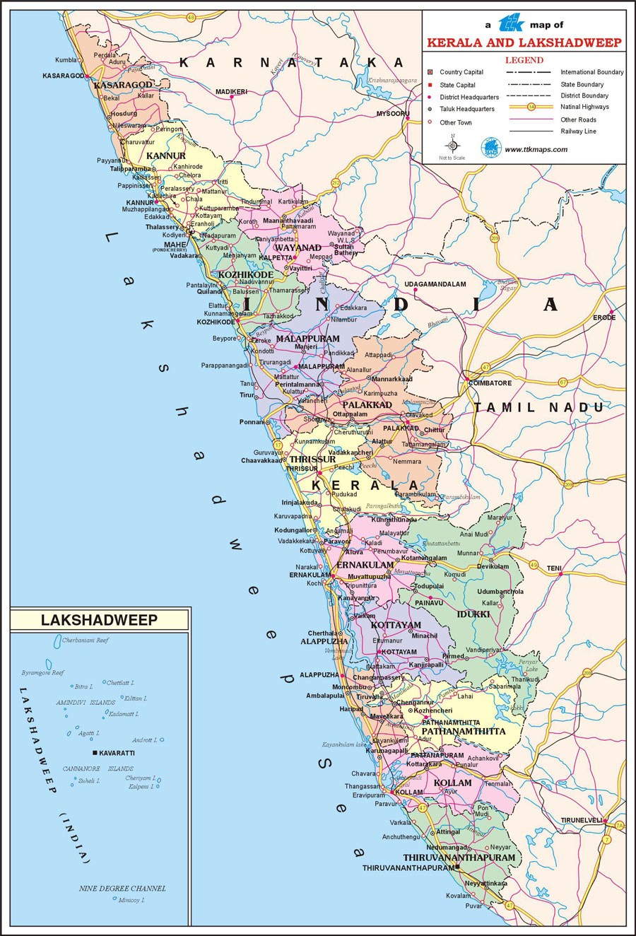 Kerala Travel Map, Kerala State Map with districts, cities, towns, roads, railway lines, routes