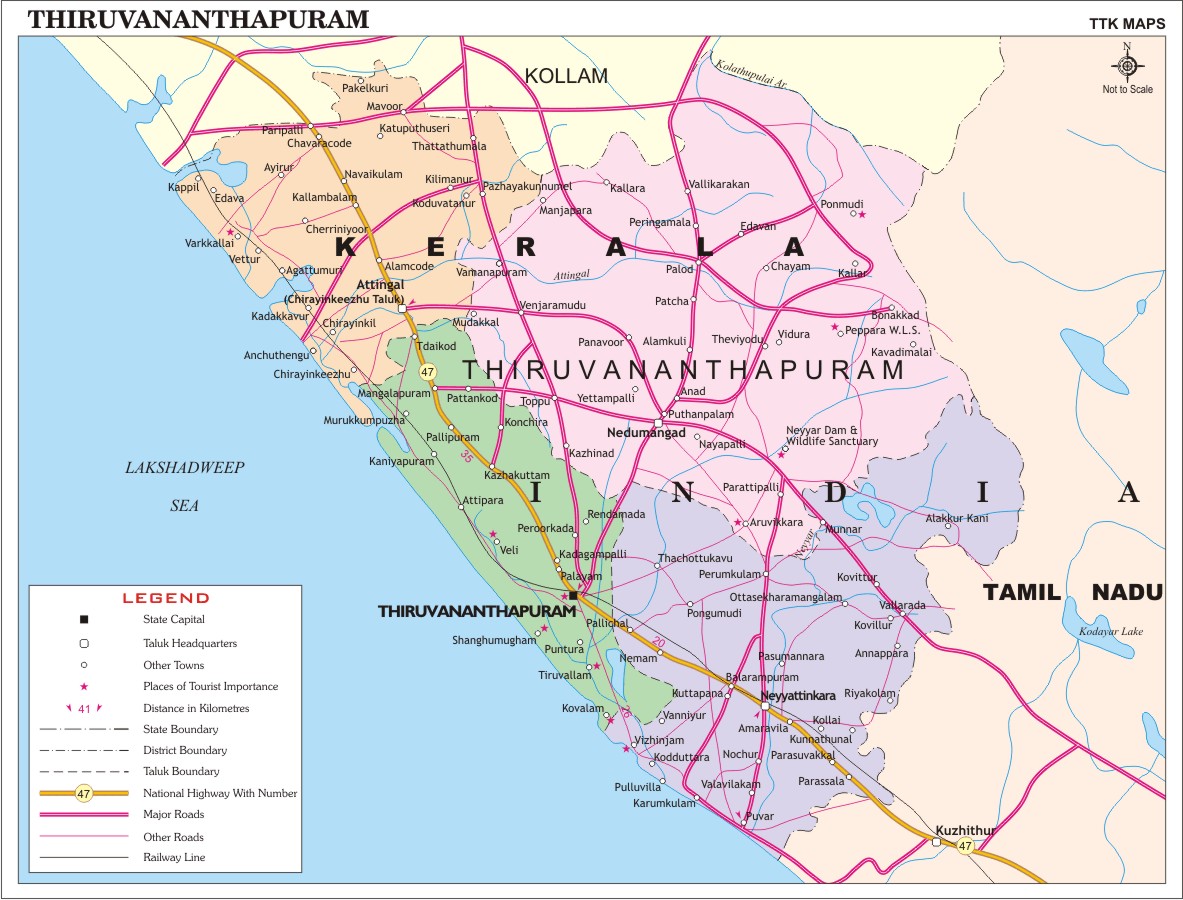 Thiruvananthapuram District Map, Kerala District Map with important ...