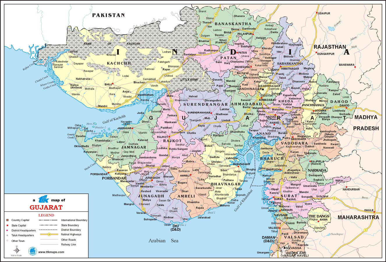Gujarat Travel Map, Gujarat State Map with districts, cities, towns