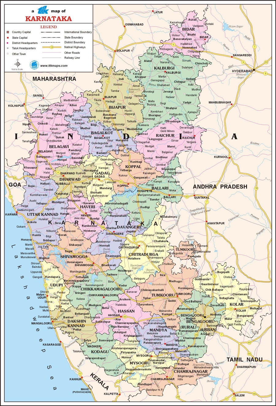 Karnataka Travel Map, Karnataka State Map with districts, cities, towns, tourist places ...